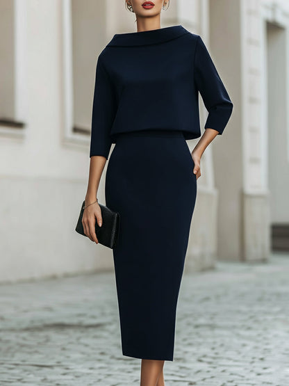 Brielle Women's Skirt Set | Structured Boat Neck Top, Midi Length 8