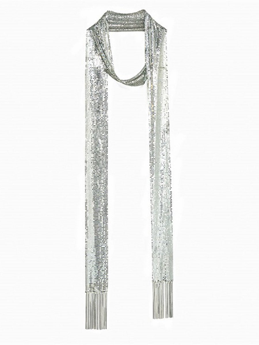 Evelyn Women's Long Scarf featuring a stylish textured design with metal sequins for a touch of elegance and sparkle. 1