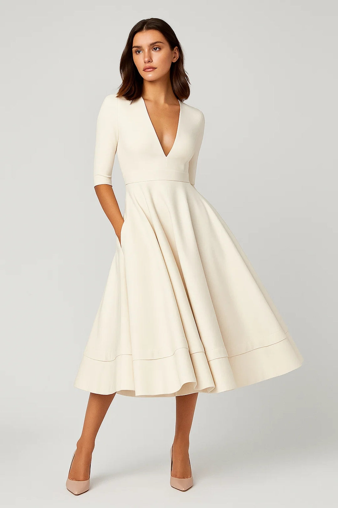 Fiona Women's Midi Dress | Fit-and-Flare, Deep V-Neck, Elegant 0