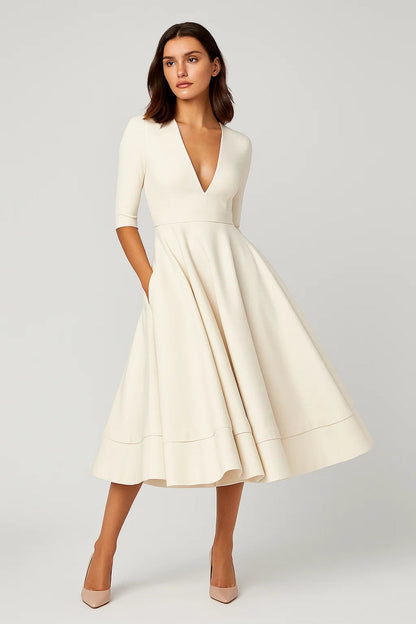 Fiona Women's Midi Dress | Fit-and-Flare, Deep V-Neck, Elegant 0