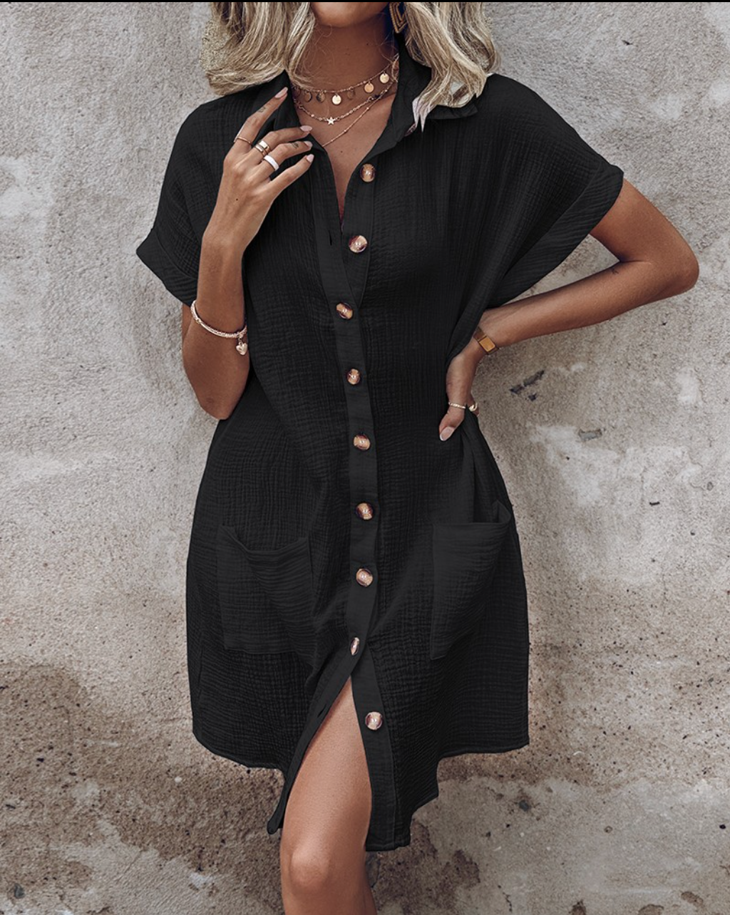 Lina Women's Midi Shirt Dress | Breathable Linen Blend, Relaxed Fit, White or Black 4