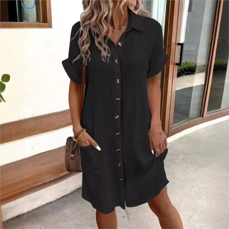 Lina Women's Midi Shirt Dress | Breathable Linen Blend, Relaxed Fit, White or Black 5