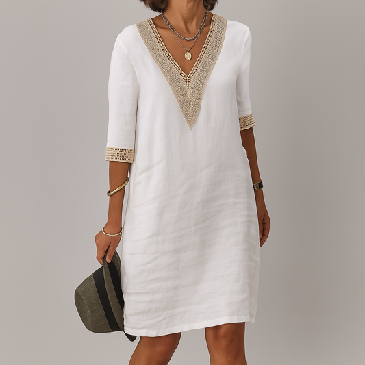 Rela Women's Midi Dress | Linen with Crochet Trim, Summer Style 0