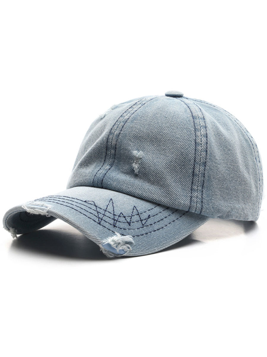 Rico Unisex Denim Baseball Cap in distressed retro style, featuring a classic curved brim and adjustable strap for a comfortable fit. 1