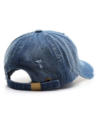 Rico Unisex Denim Baseball Cap in distressed retro style, featuring a classic curved brim and adjustable strap for a comfortable fit. 4