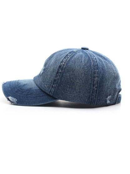 Rico Unisex Denim Baseball Cap in distressed retro style, featuring a classic curved brim and adjustable strap for a comfortable fit. 6