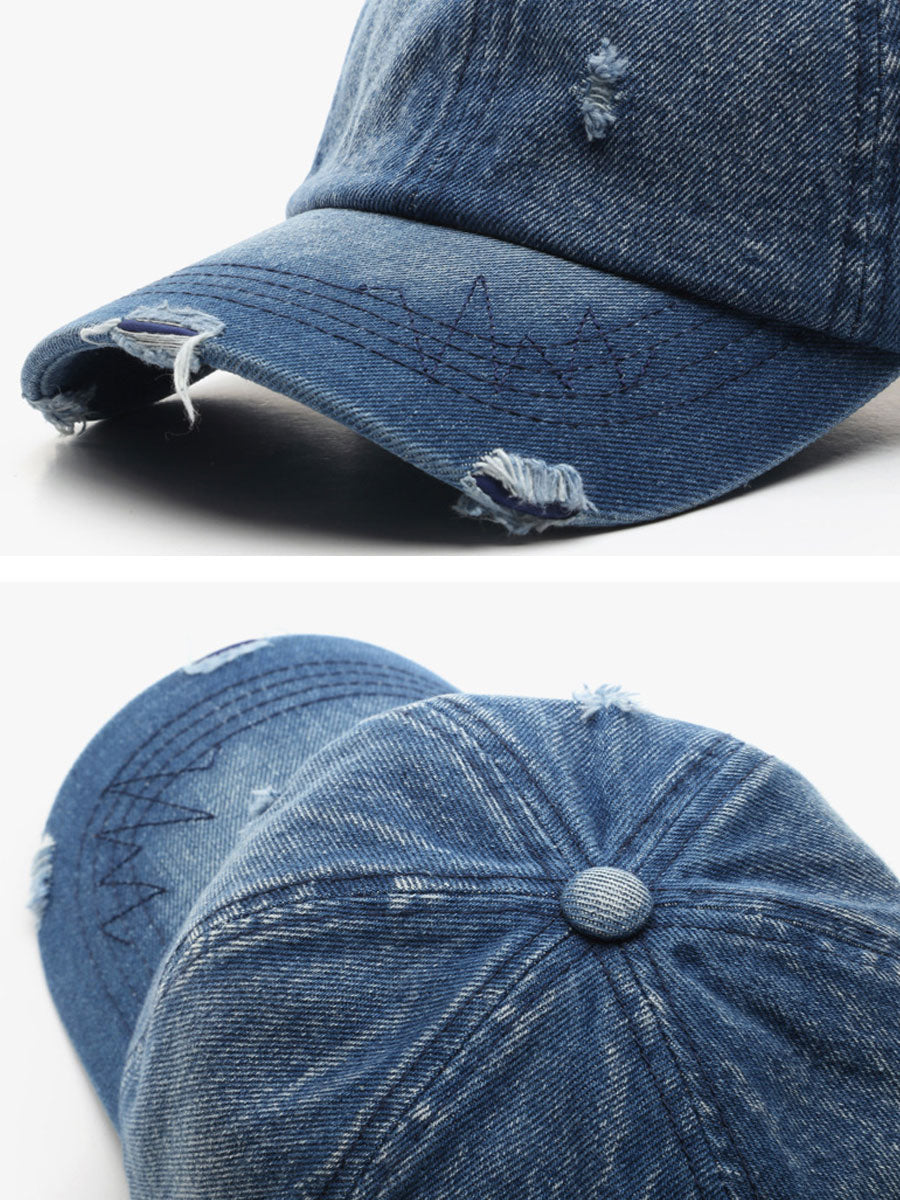 Rico Unisex Denim Baseball Cap in distressed retro style, featuring a classic curved brim and adjustable strap for a comfortable fit. 7