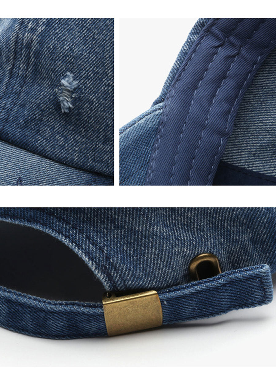 Rico Unisex Denim Baseball Cap in distressed retro style, featuring a classic curved brim and adjustable strap for a comfortable fit. 8