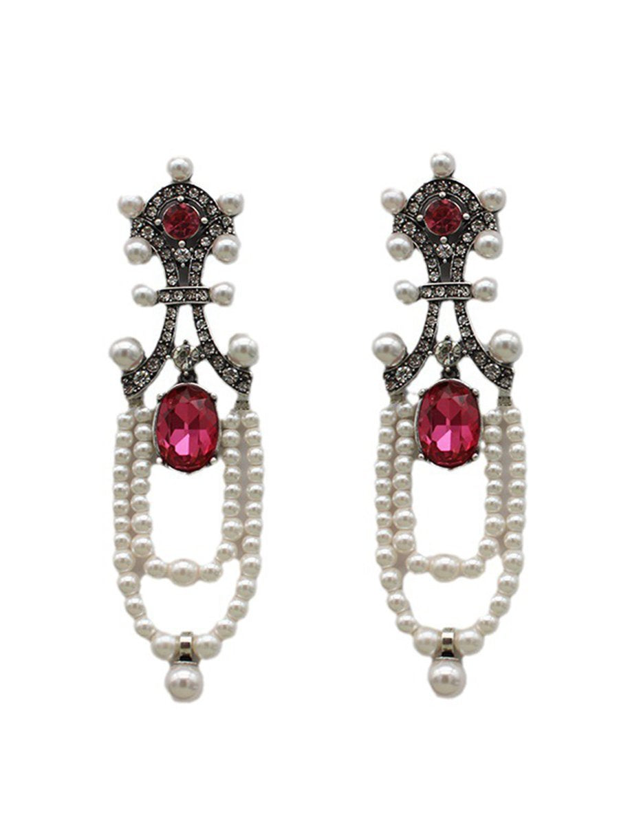 "Rita Women's Earrings featuring a stunning ruby and pearl tassel design, perfect for adding elegance to any outfit." 5