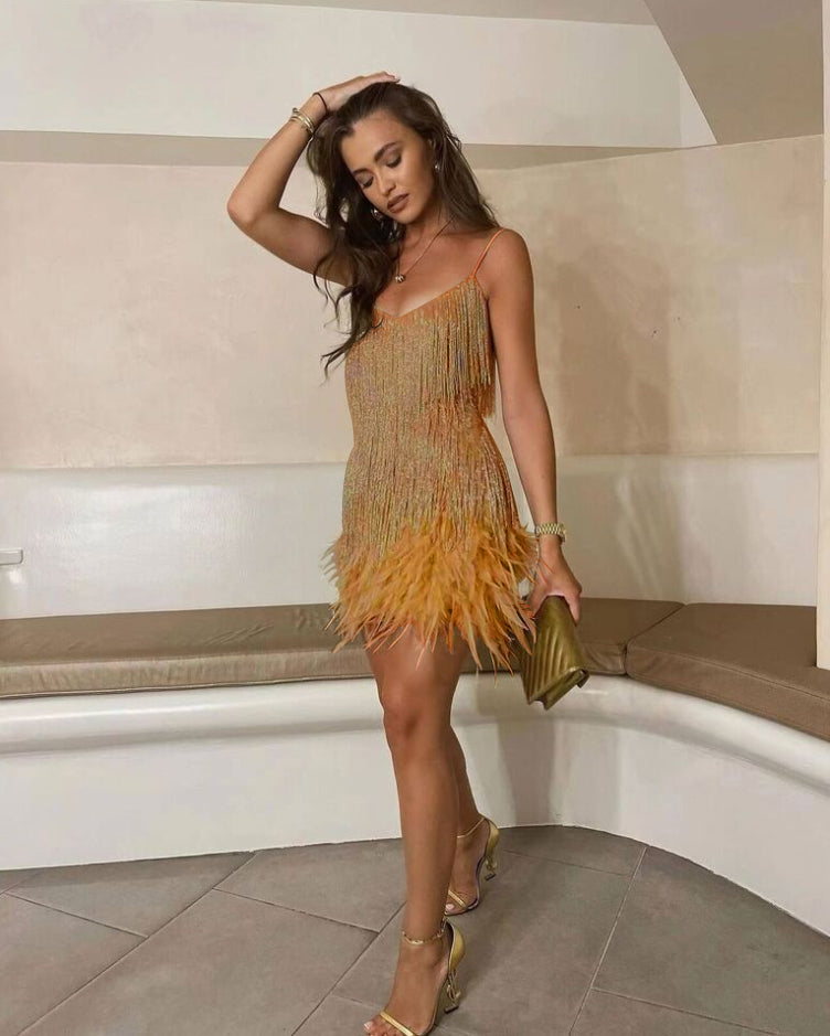 Samba Women's Black Cocktail Dress | Sequin Detail, Feather Trim 6
