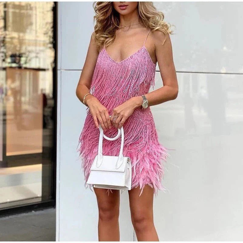 Samba Women's Black Cocktail Dress | Sequin Detail, Feather Trim 7
