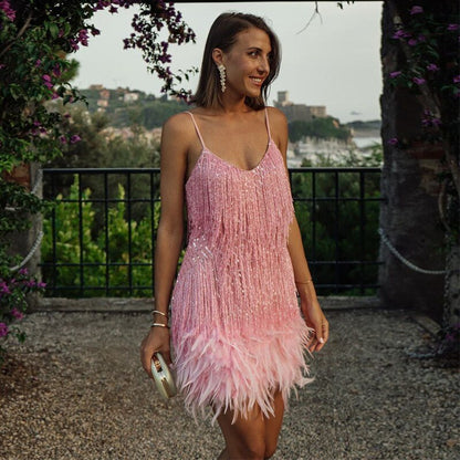 Samba Women's Black Cocktail Dress | Sequin Detail, Feather Trim 8