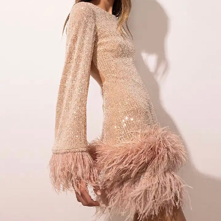 Sera Women's Mini Dress | Sequin and Feather Hem, Cocktail & Formal 5