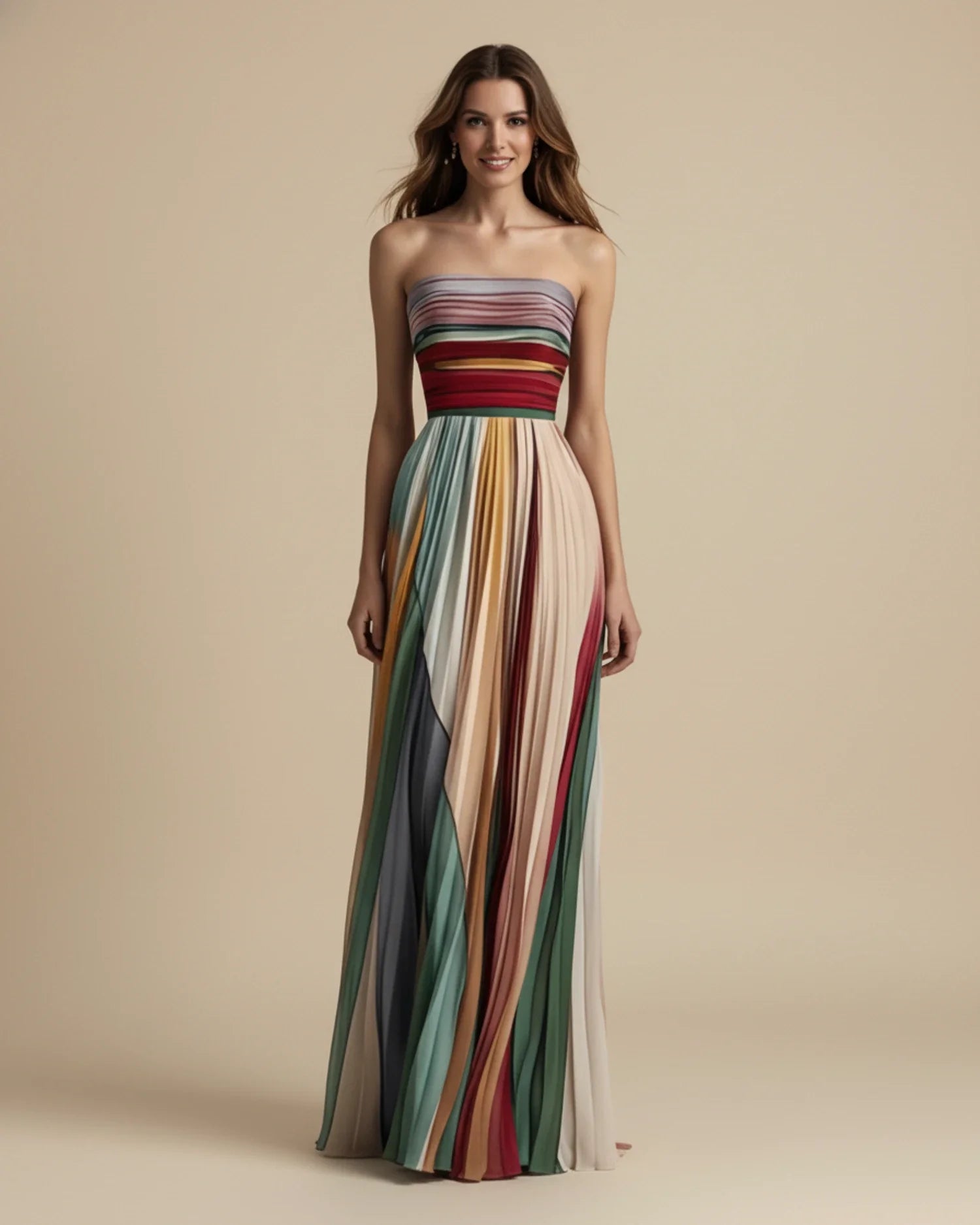 Sierra Women's Maxi Dress | Multicolor Stripe, Strapless Elegance 0