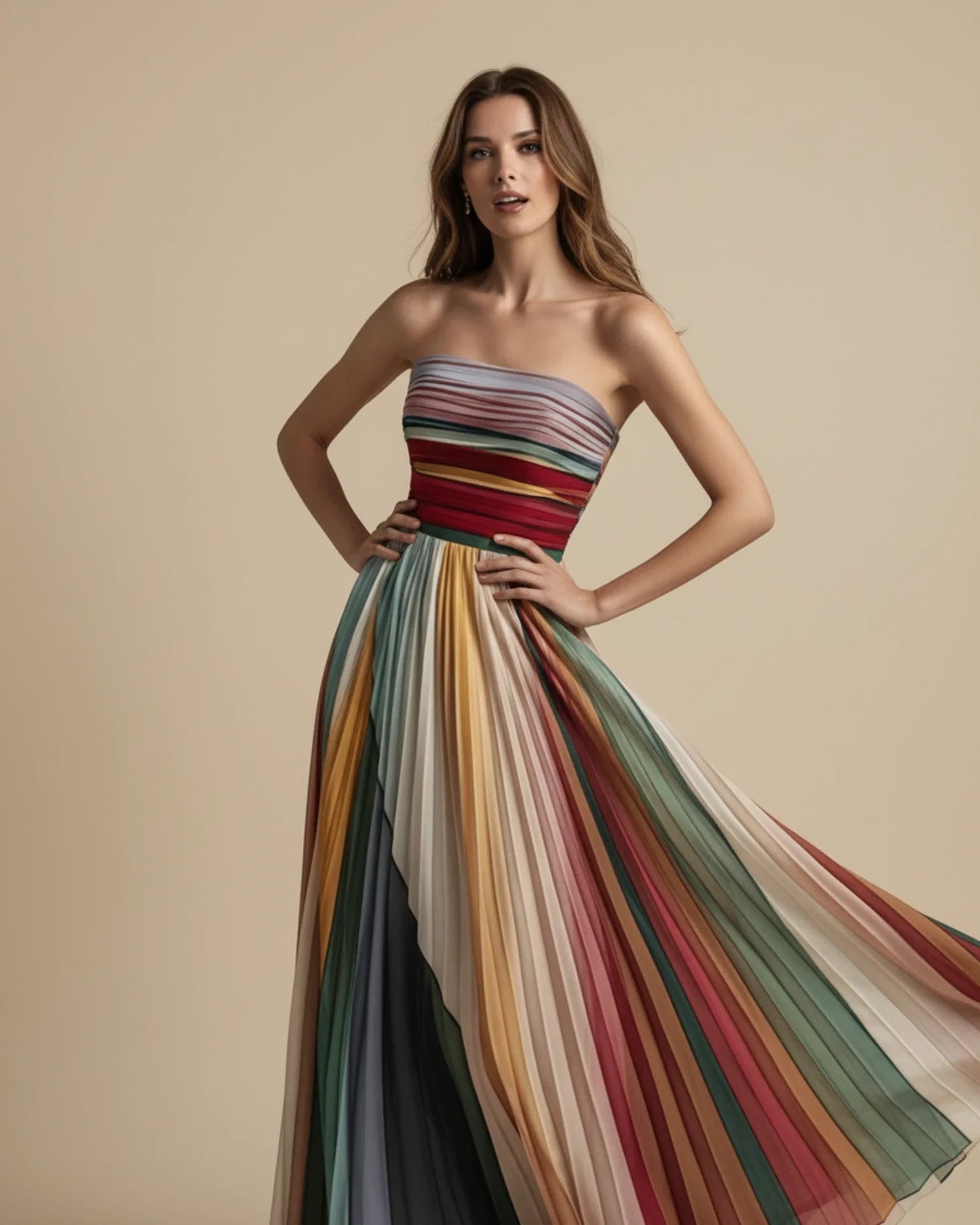 Sierra Women's Maxi Dress | Multicolor Stripe, Strapless Elegance 1