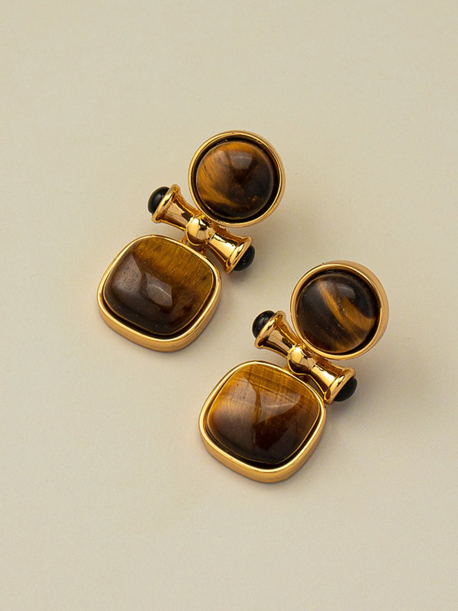 Tina Women's Earrings featuring natural tiger eye stone in a vintage-inspired design, perfect for adding elegance to any outfit. 1