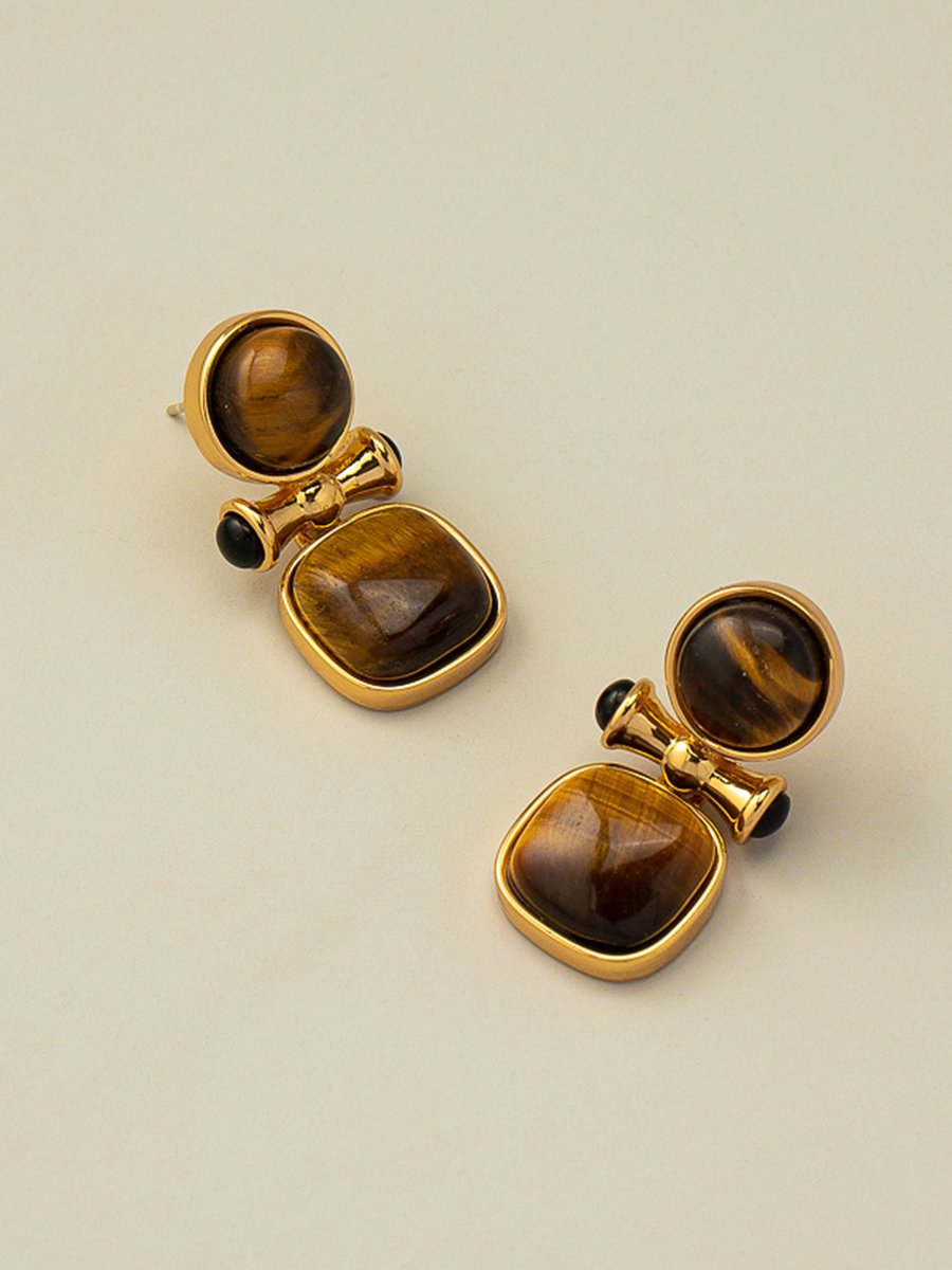 Tina Women's Earrings featuring natural tiger eye stone in a vintage-inspired design, perfect for adding elegance to any outfit. 2