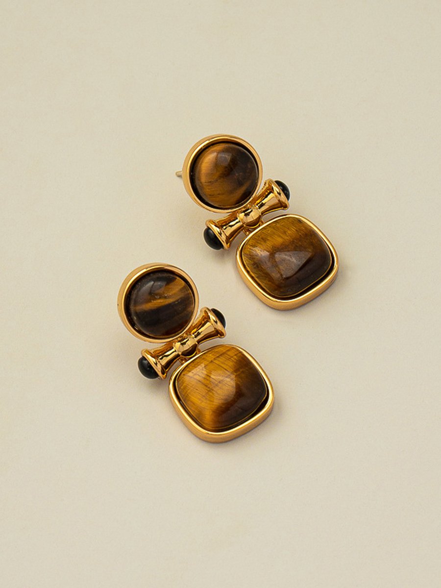 Tina Women's Earrings featuring natural tiger eye stone in a vintage-inspired design, perfect for adding elegance to any outfit. 3